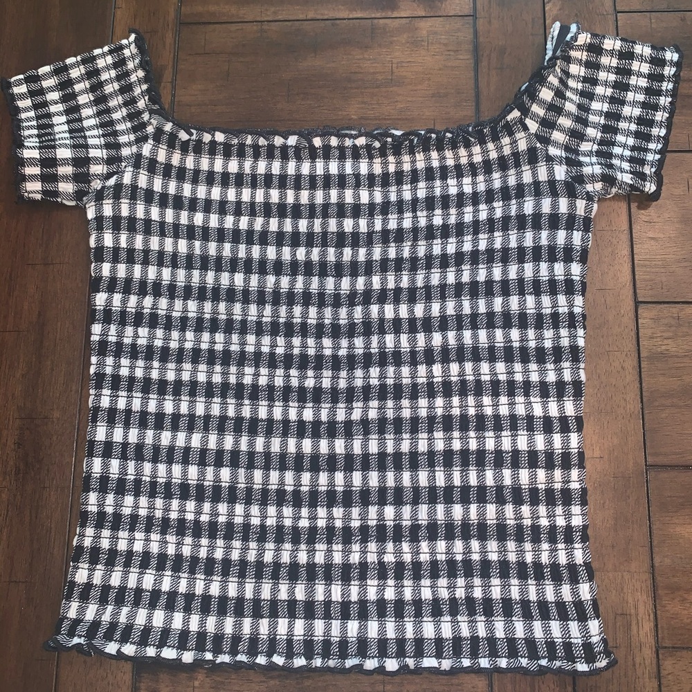 Black and white plaid off-the-shoulder top